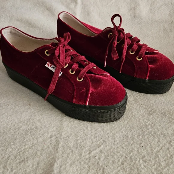 Superga Shoes Superga Velvet Red Gold Sneakers With Platform